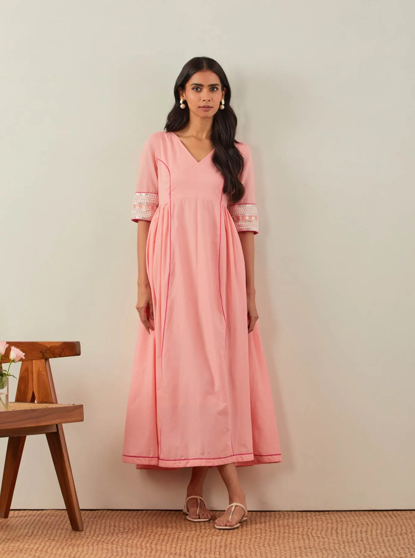 Peach Plain Markab Anarkali Dress With Chikankari Border