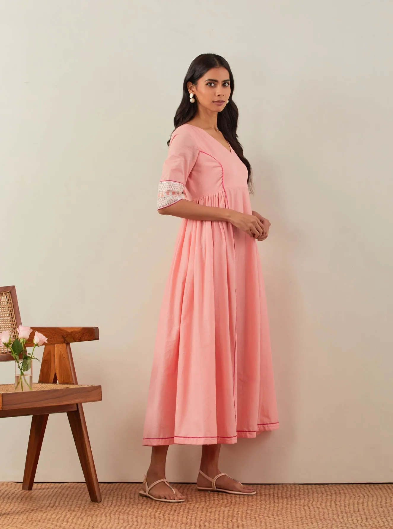 Peach Plain Markab Anarkali Dress With Chikankari Border