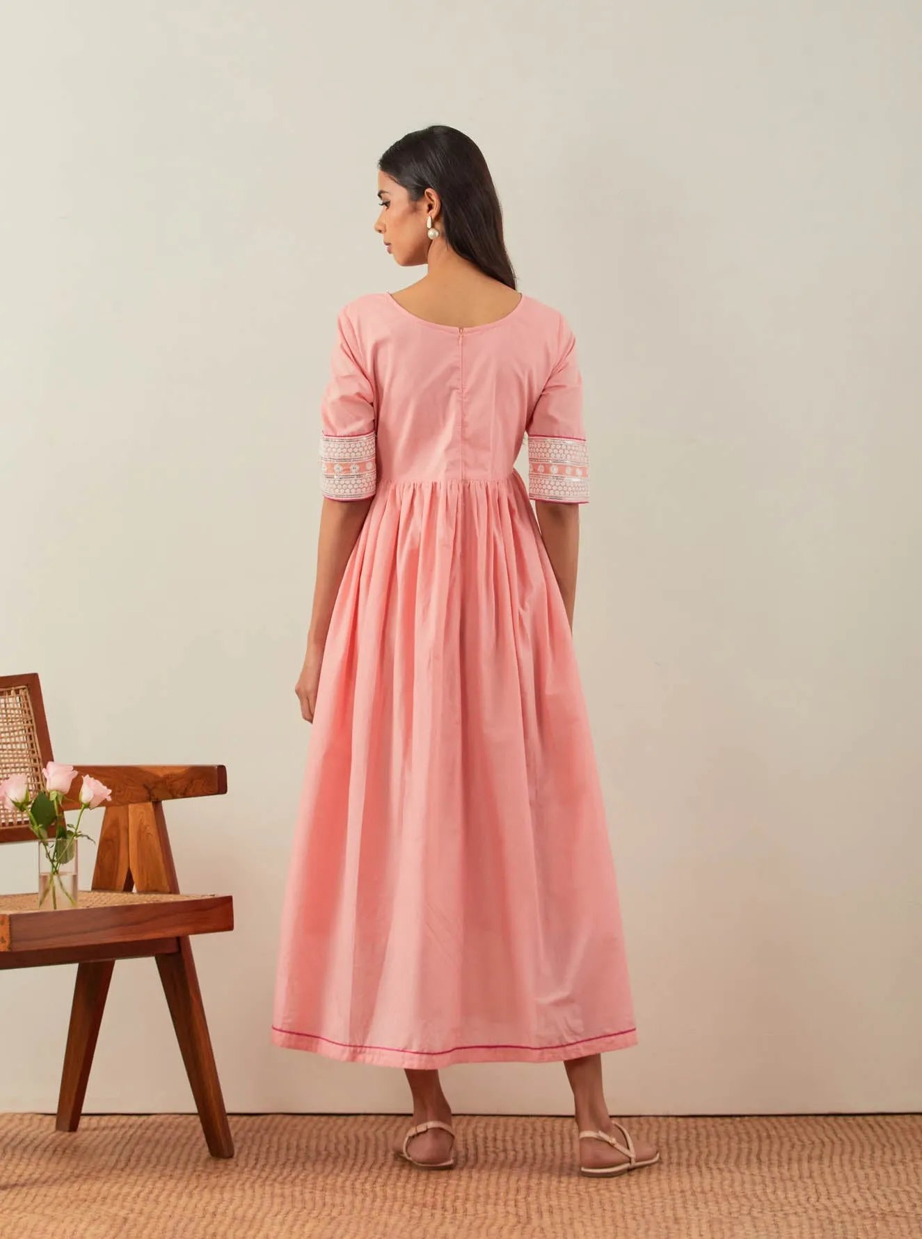 Peach Plain Markab Anarkali Dress With Chikankari Border