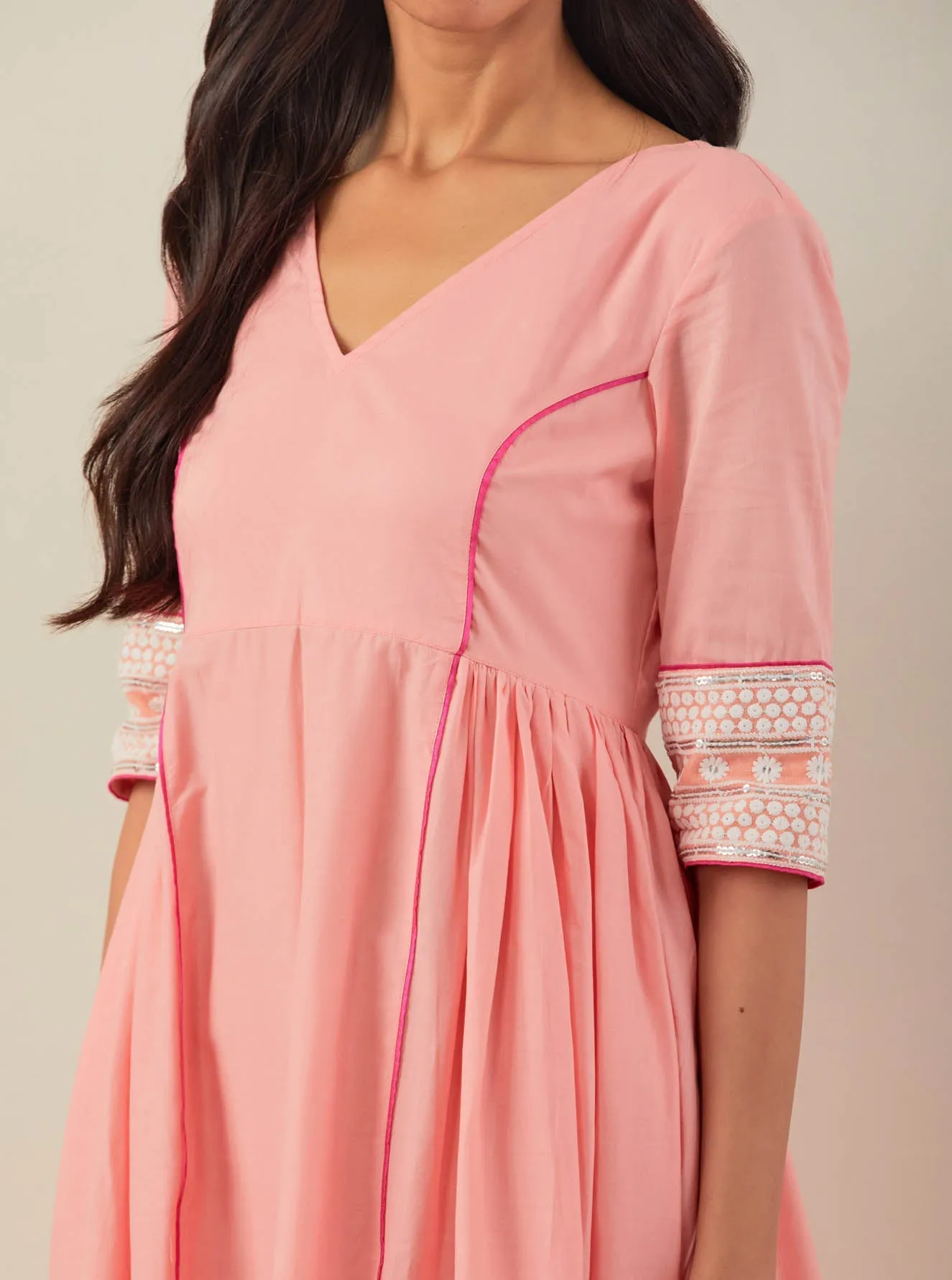 Peach Plain Markab Anarkali Dress With Chikankari Border