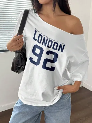 SXV Oversized Off-Shoulder Loose London 92 Print Oblique Shoulder T-Shirt Graphic Tees