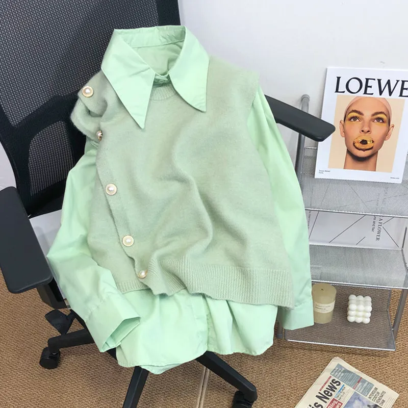 Warm Color Sweater Vest&Shirt 2Pcs Set