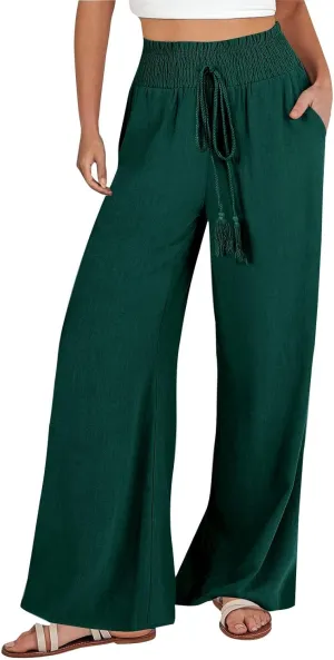 Womens Linen Summer Baggy Pants Low Waist Wide Leg Slim Fit Trousers Office