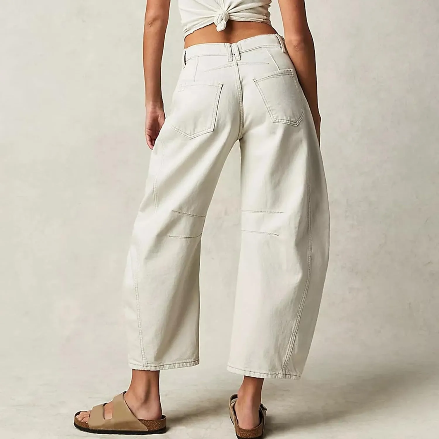 Women's Linen Summer Breathable Pant Trousers Elastic Waisted Wide Leg Slim-Fit Pants Business Work