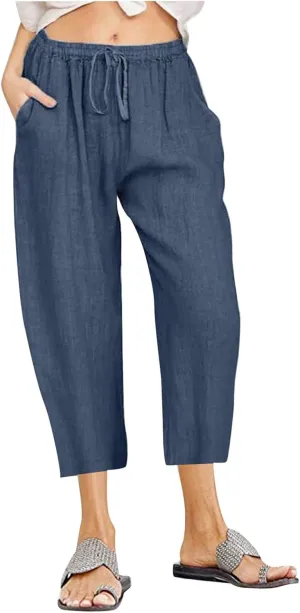 Womens Linen Summer Trendy Palazzo Lounge Pants Elastic Waisted Baggy Stretchy Slim-Fit Pants Business Work